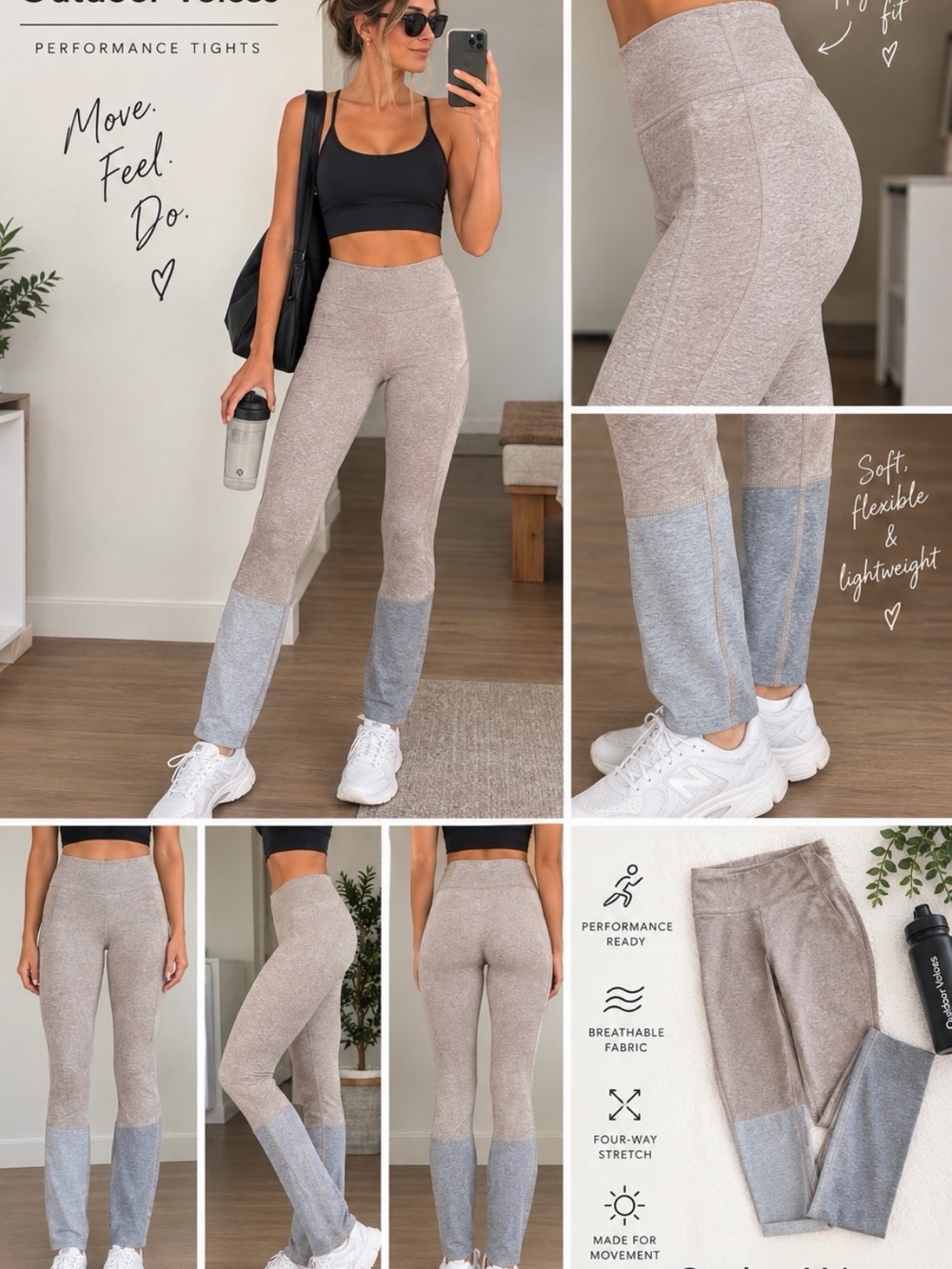 High-Waist Two-Tone Performance tights — Taupe/Light Gray